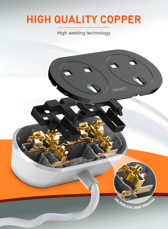 LDNIO SC2018 Heavy Duty Extension Power Cord - 2 Universal Outlets, 2500W Output, 5 Meters Long Cable, UK Plug with Overload Protection - White/Grey - Image 5